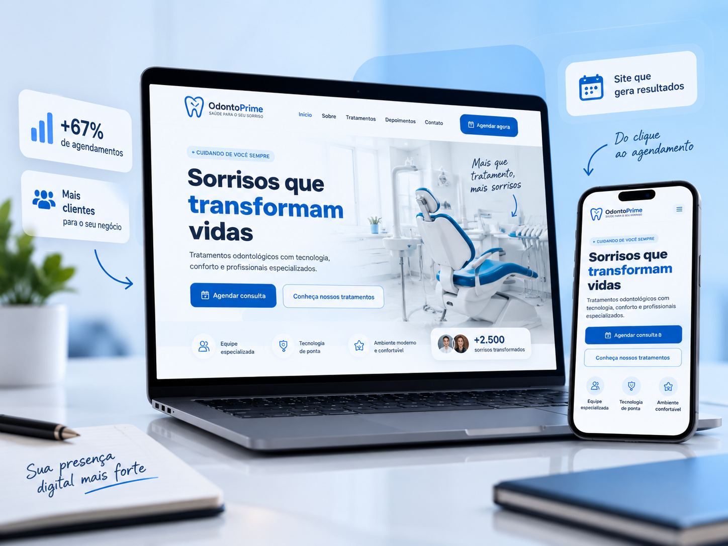 Mockup de site para clínica odontológica exibido em notebook e celular