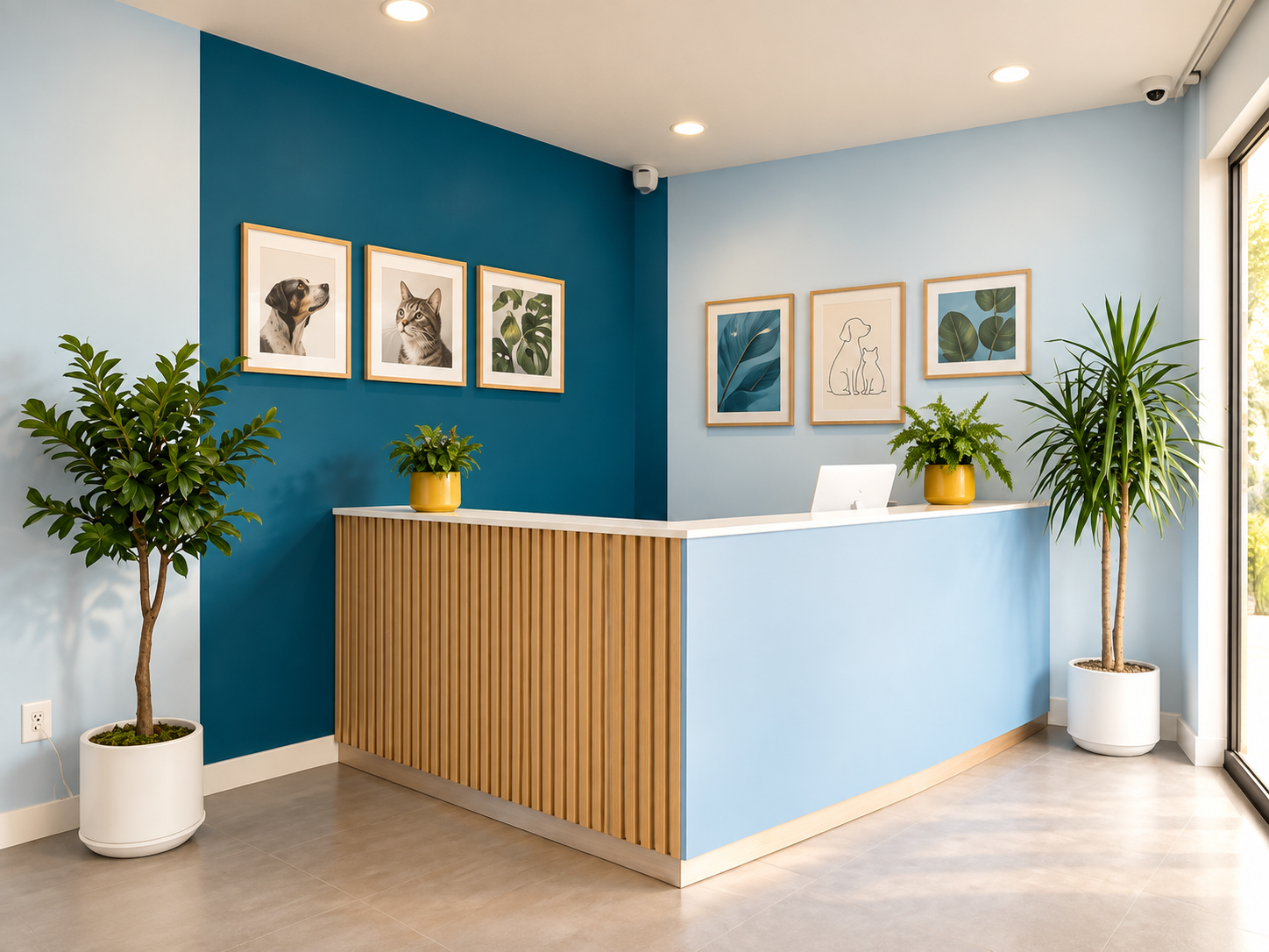 Recepção de clínica veterinária em tons de azul e branco