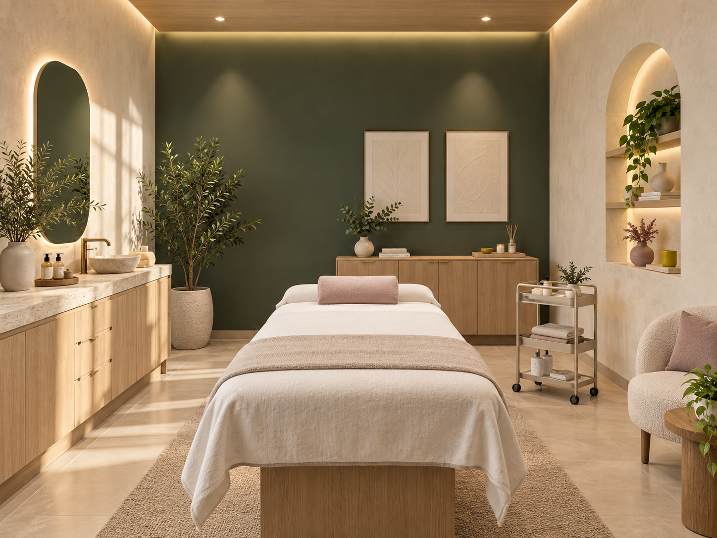 Sala de atendimento de espaço de estética com decoração clara