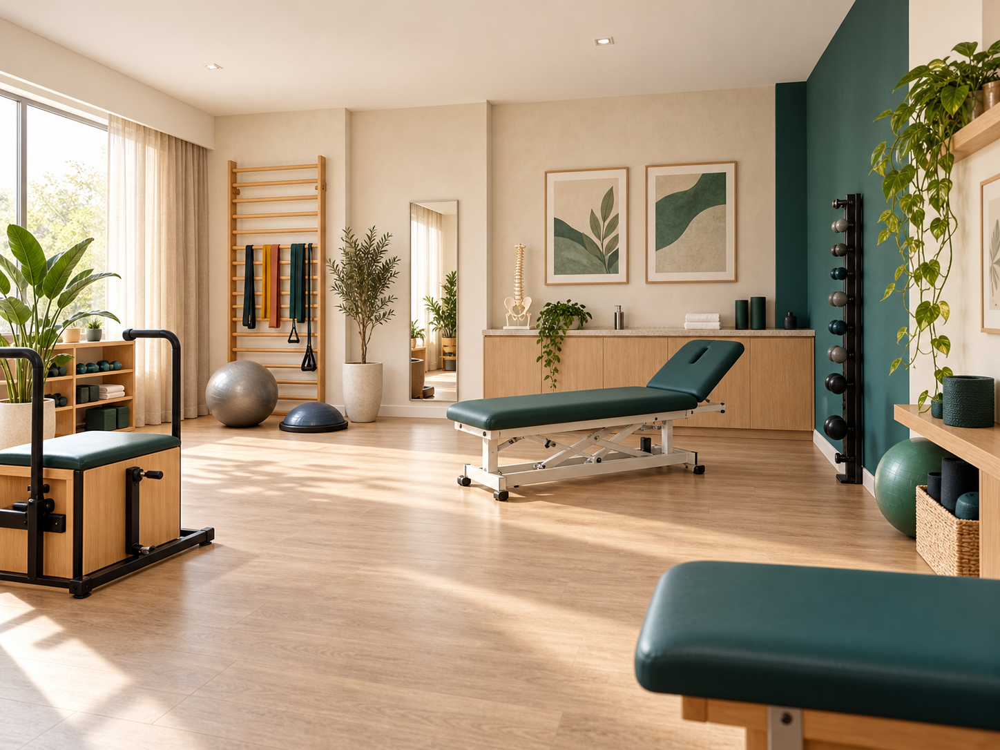 Sala de clínica de fisioterapia com equipamentos de reabilitação