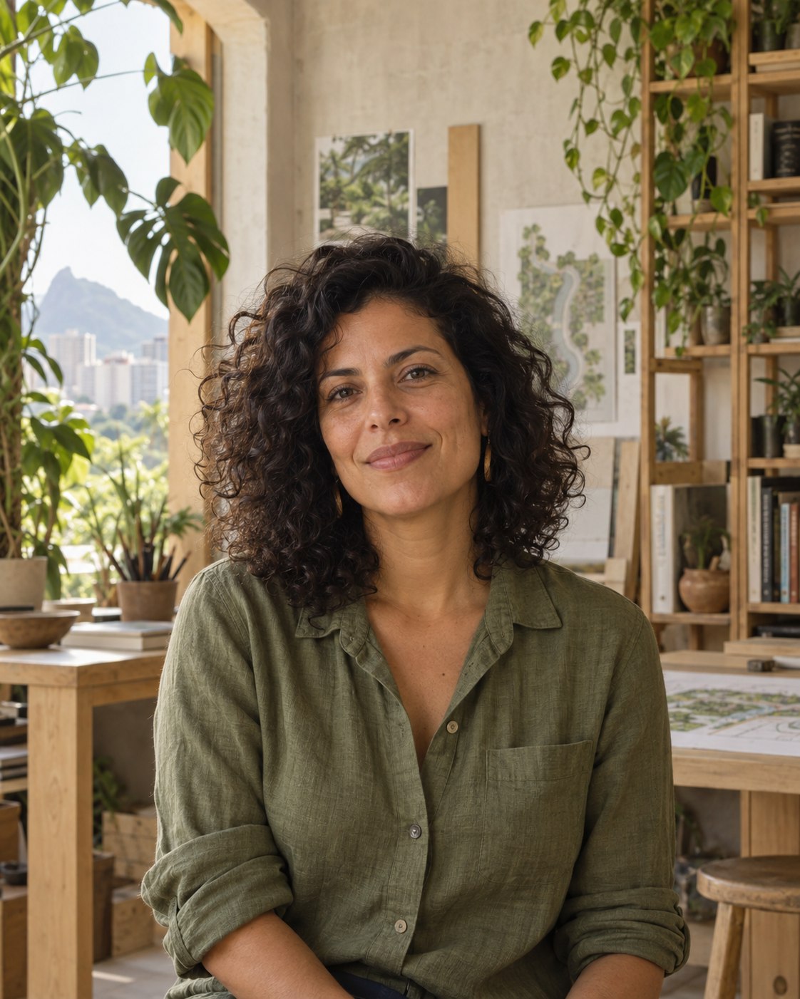 Retrato de profissional em um ambiente de trabalho com plantas