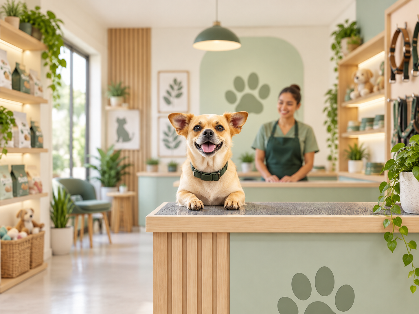 Interior de pet shop com um cachorro no balcão de atendimento